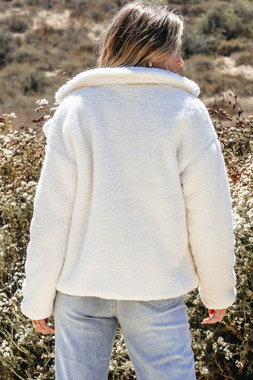 Chic beige faux fur lapel collar jacket with pockets