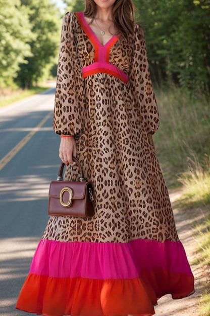 Leopard print v-neck maxi dress with long sleeves