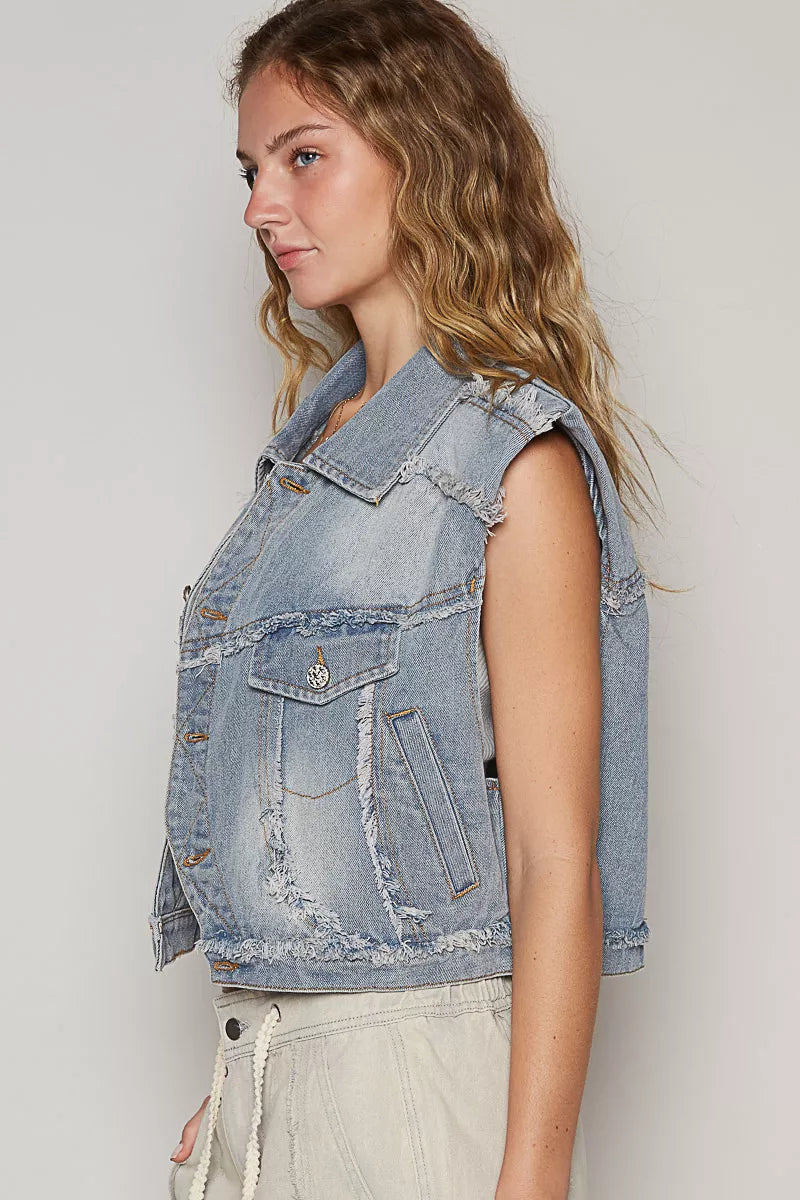 POL Assymetrical Front Closure Raw Hem Denim Vest Simply Love