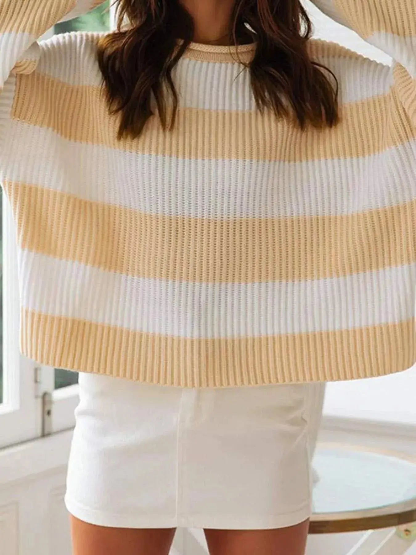 Full Size Contrast Striped Round Neck Sweater Plus Size Simply Love