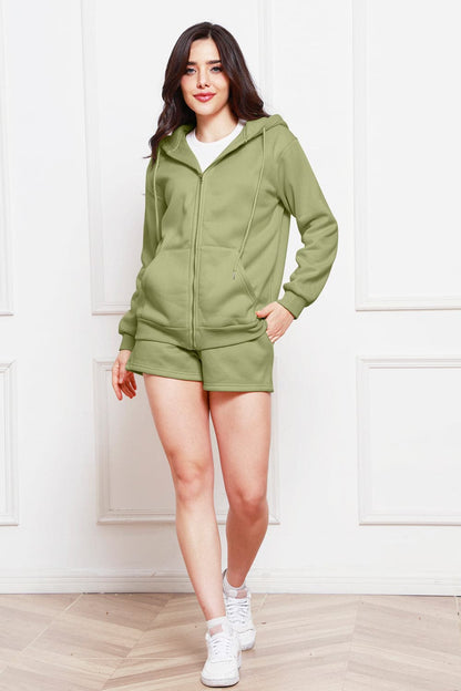 Zip Up Drawstring Hoodie and Shorts Set.