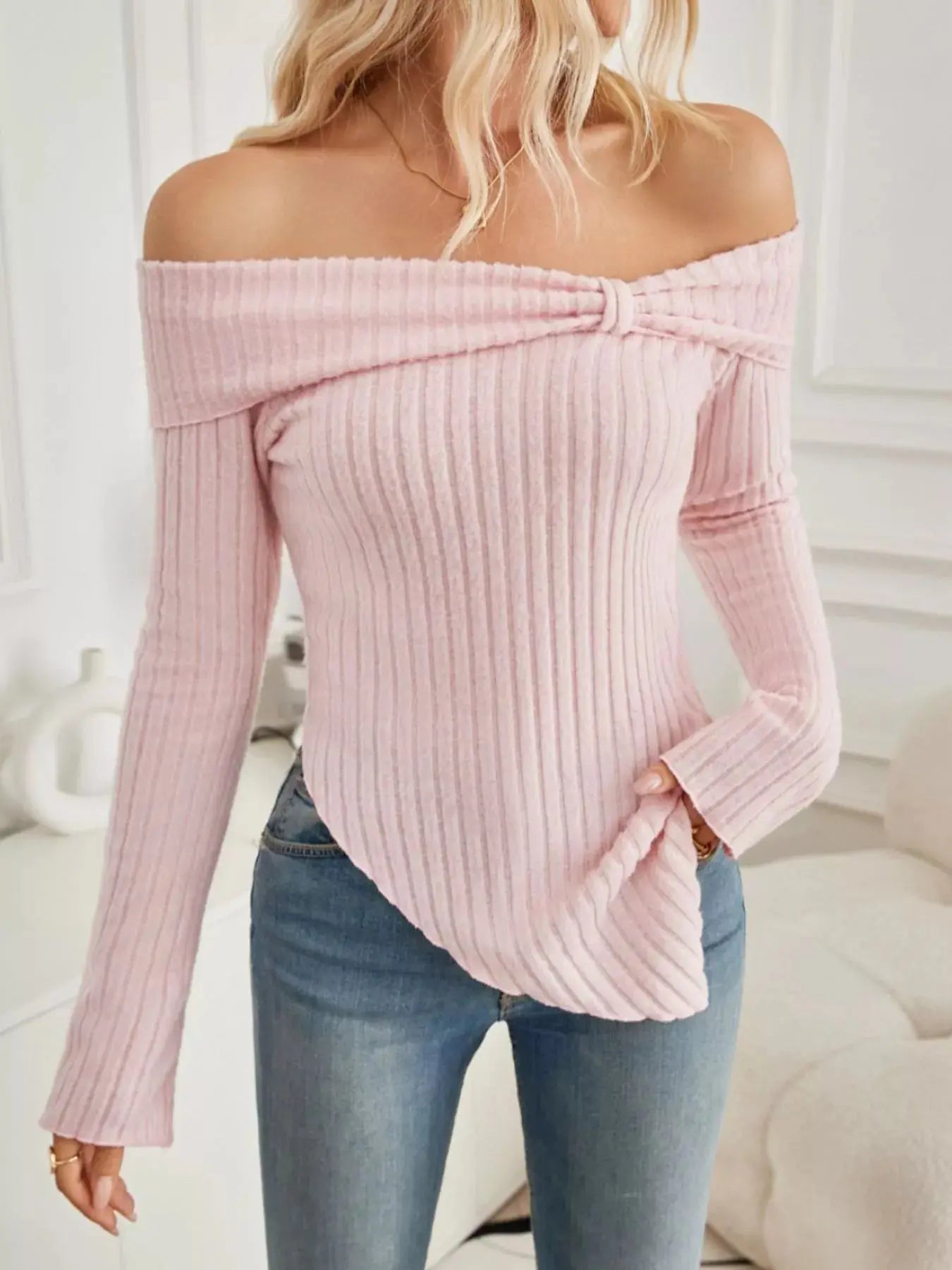 Off Shoulder Ribbed Knit Top Long Sleeves Soft Stretchy Viscose Blend Simply Love