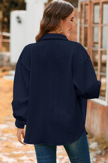 Navy Blue Cable Texture Puff Sleeve Loose Shacket Outfit