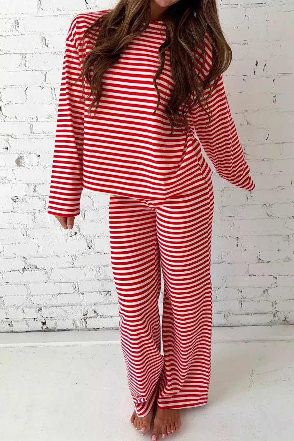 Striped Round Neck Top and Pants Set Simply Love
