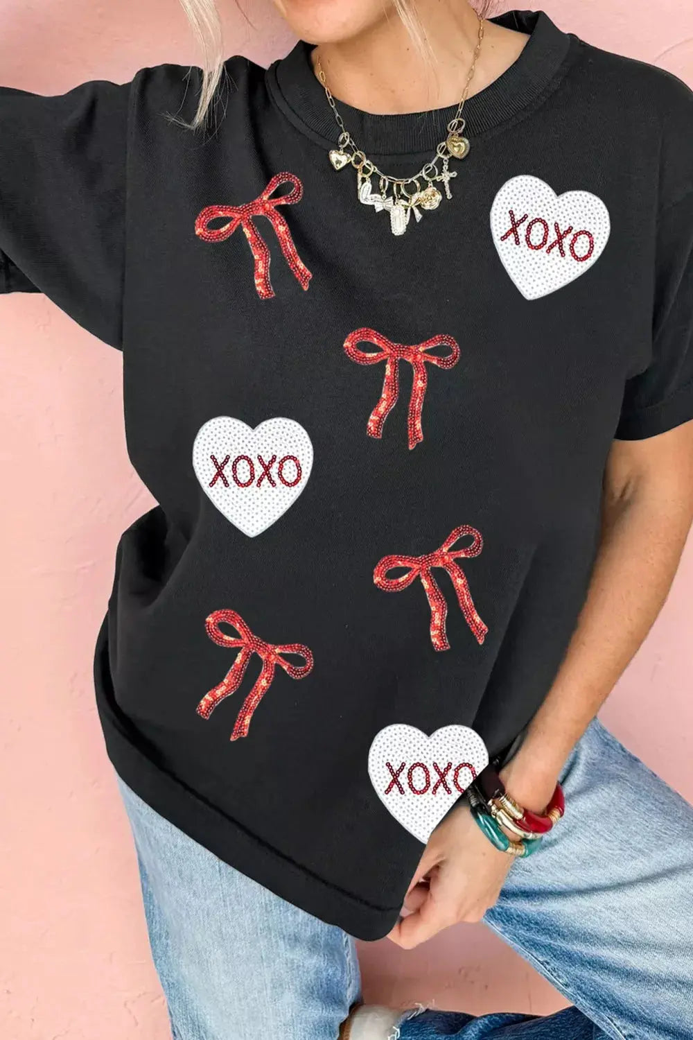 Valentines Bow XOXO Heart Sequin Patched Loose T Shirt Simply Love