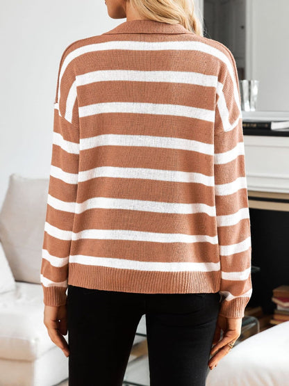 Stylish striped long sleeve sweater with Johnny collar