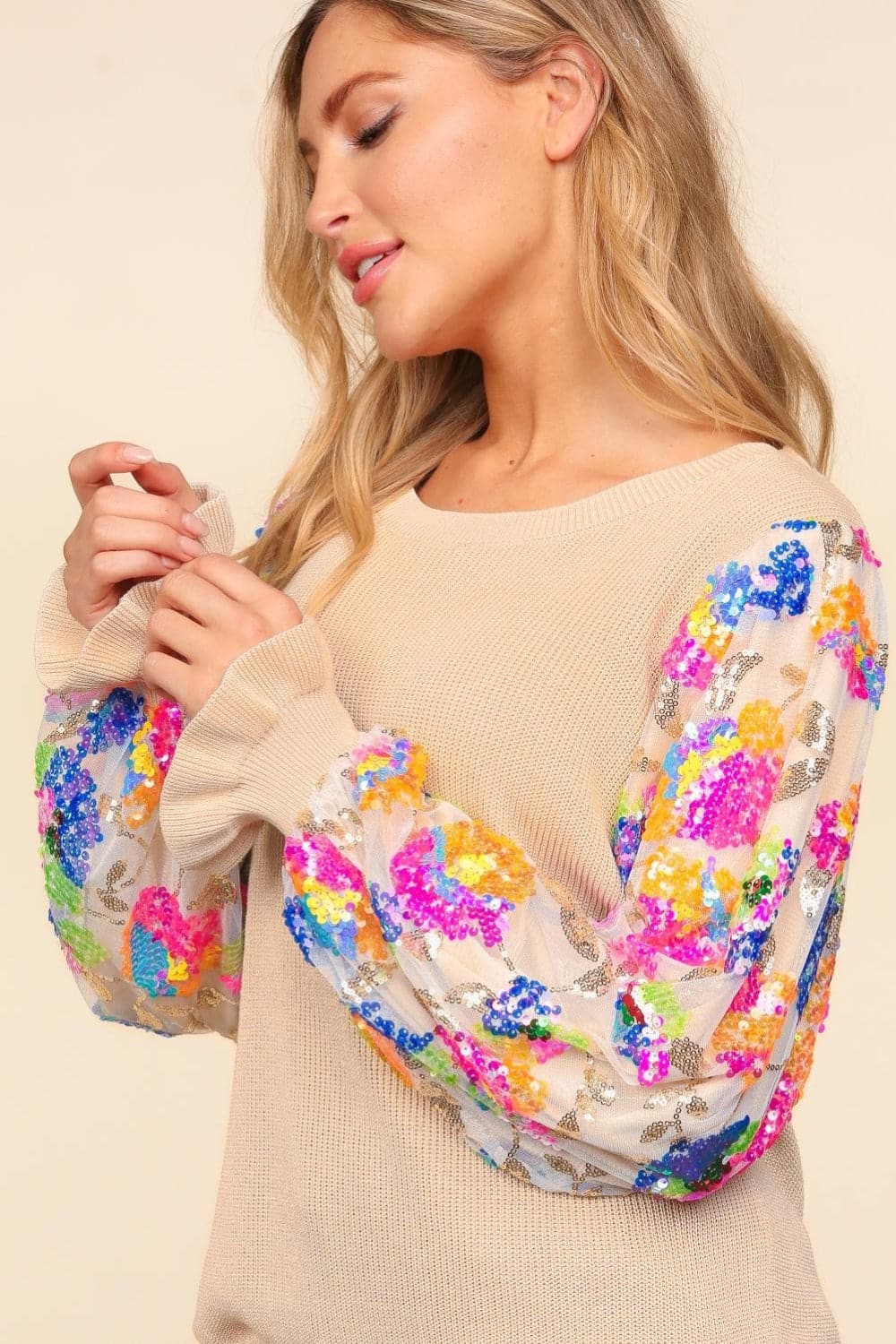 Floral sequin mesh sweater with flounce sleeves