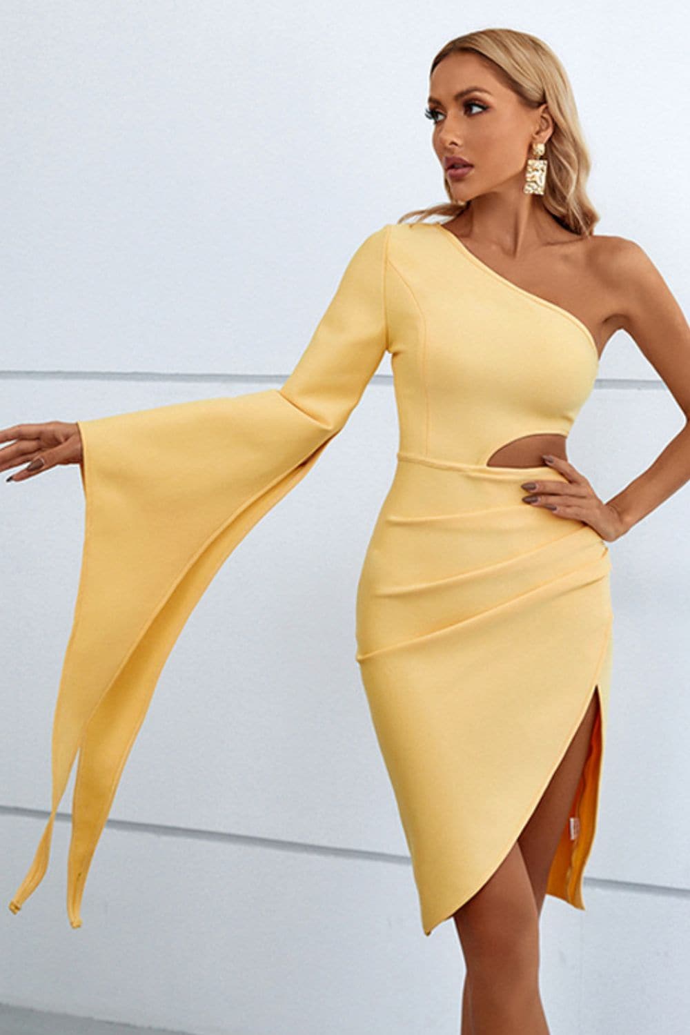 Cutout Split Flare Sleeve One-Shoulder Dress.