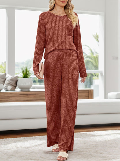 Cozy two-piece round neck top and pants ensemble