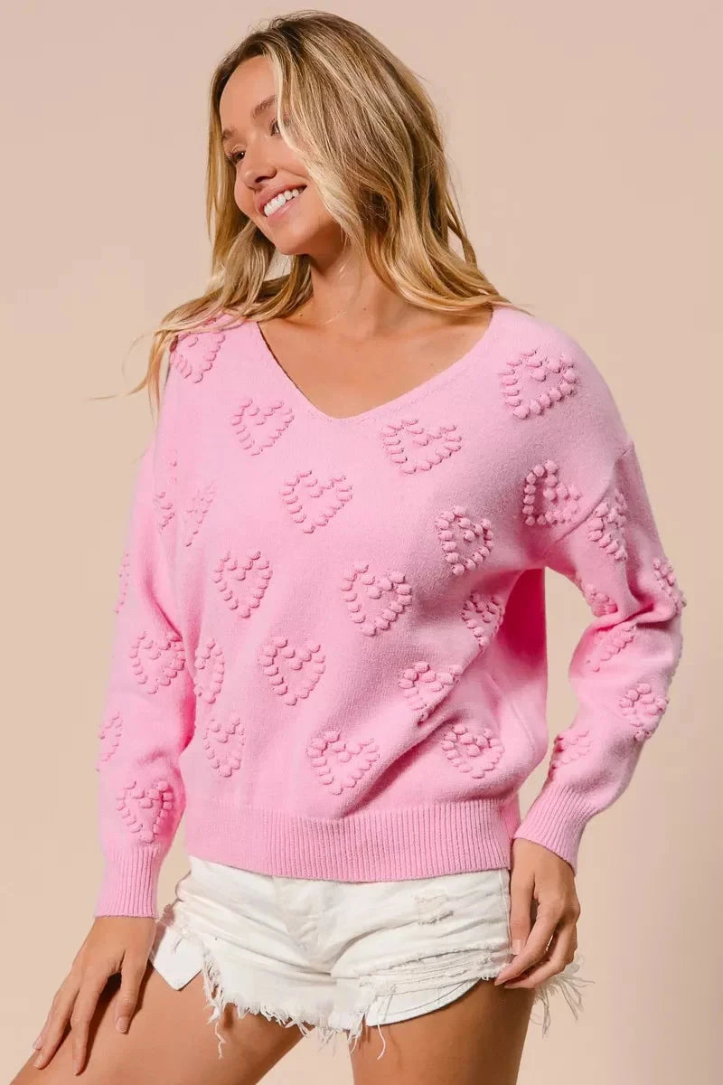 BiBi Valentines Heart Pompom V Neck Knit Top Coco’s Tee Boutique