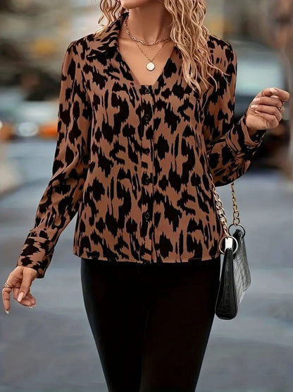 Classic Printed Long Sleeve Blouse with Johnny Collar