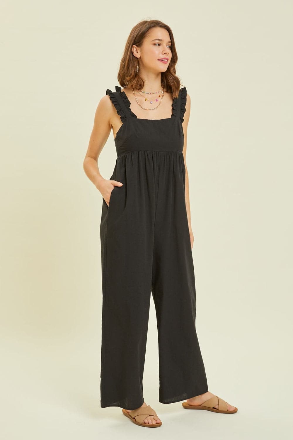 HEYSON Full Size Ruffled Strap Back Tie Wide Leg Jumpsuit.