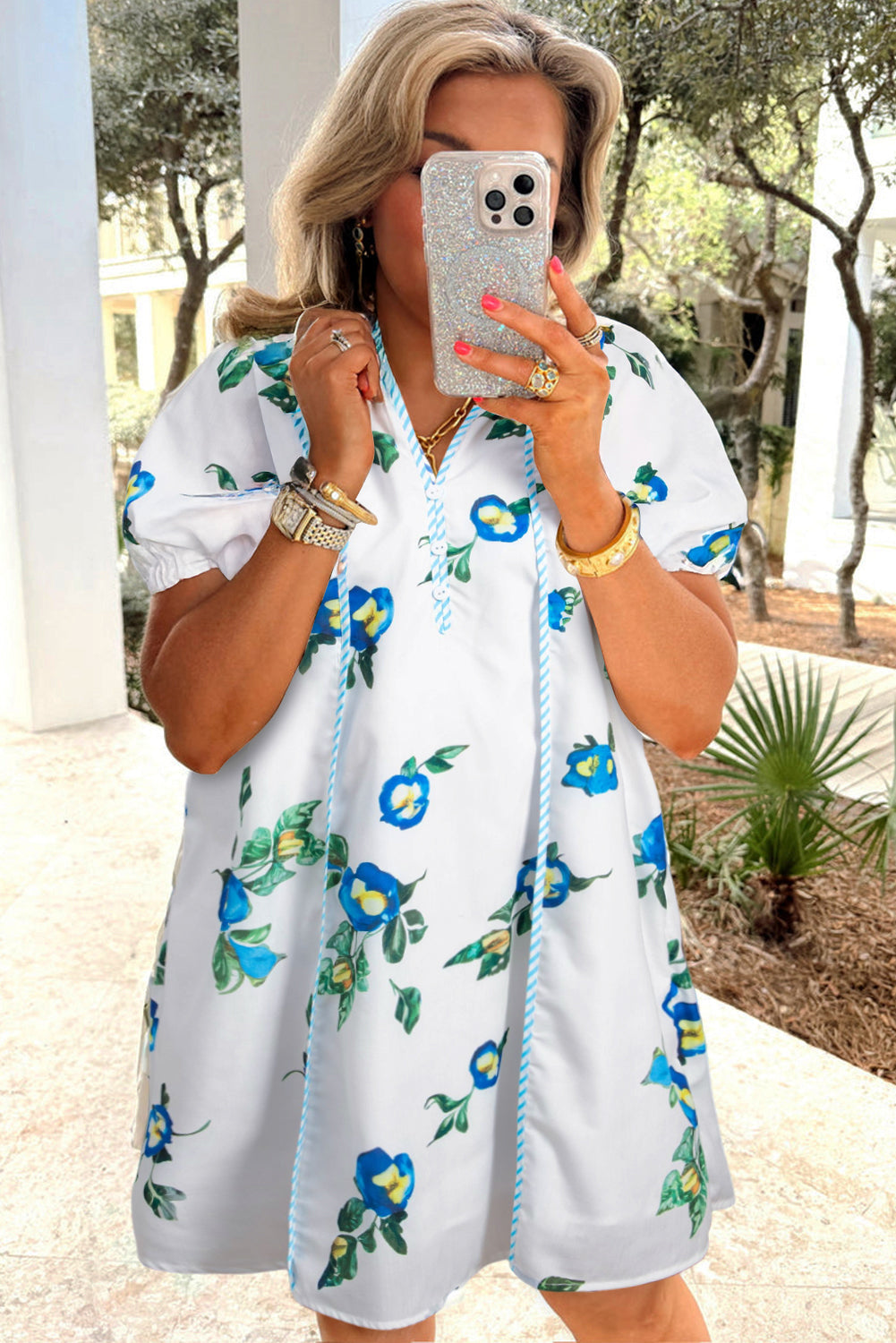 White Plus Size Floral Short Puff Sleeve Dress With V Neck And Tie Dear-Lover Dropshipping