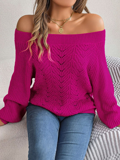 Openwork Off-Shoulder Long Sleeve Sweater.