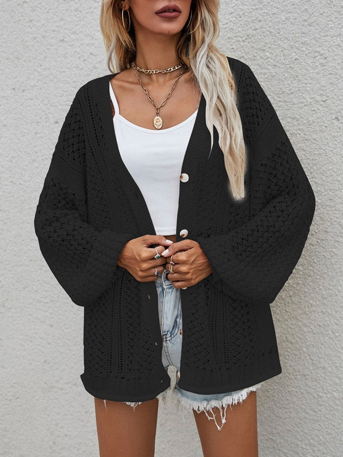 Openwork Button Front Cardigan.