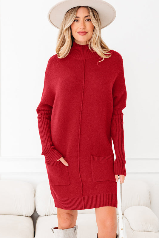 Fiery Red Ribbed High Neck Front Pockets Center Seam Shift Sweater Dress Dear-Lover Dropshipping