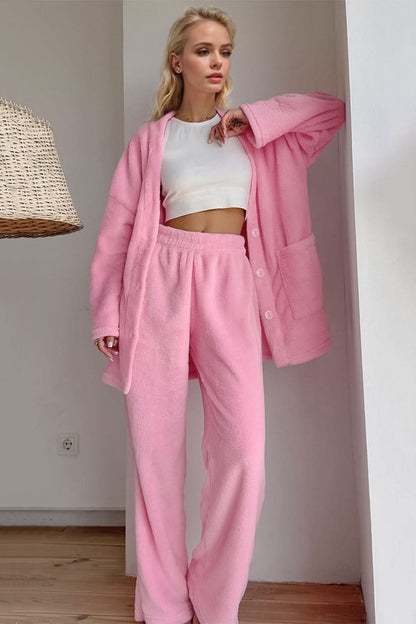 Cozy Comfort V-Neck Button-Up Top and Matching Pants Set