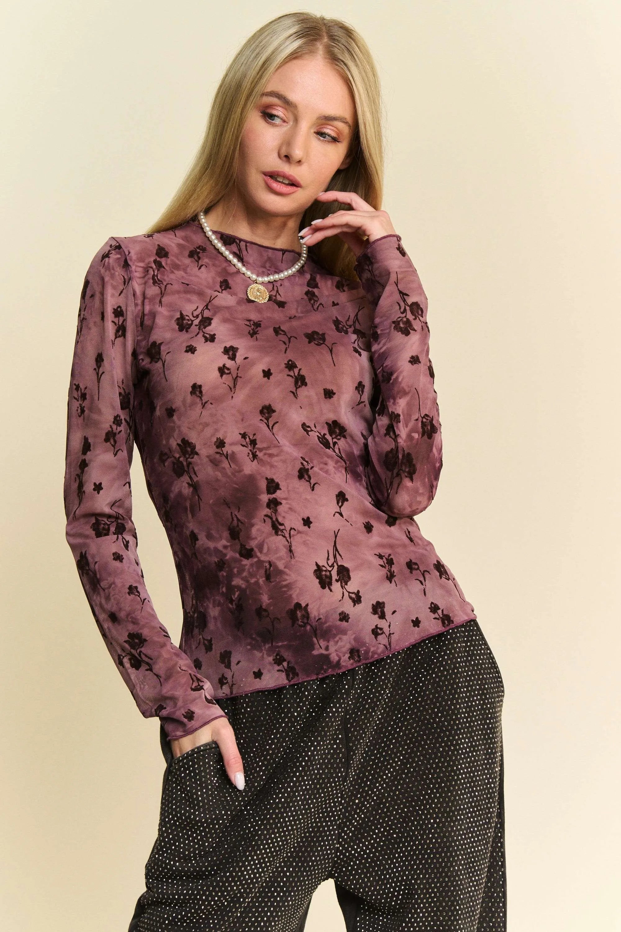 Davi & Dani Floral Mesh Long Sleeve Sheer Layering Top - Love Salve 