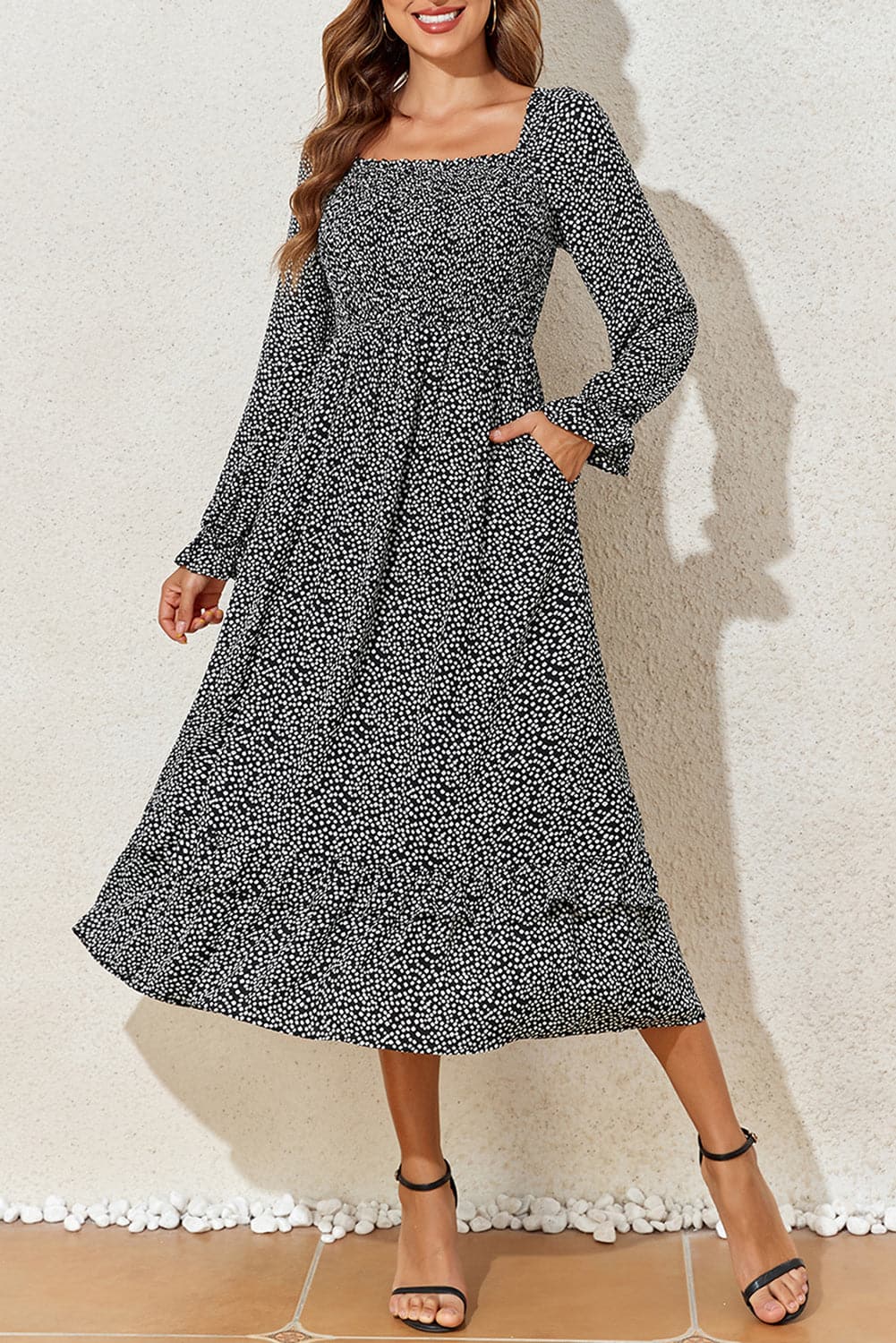 Printed Square Neck Long Sleeve Midi Dress.