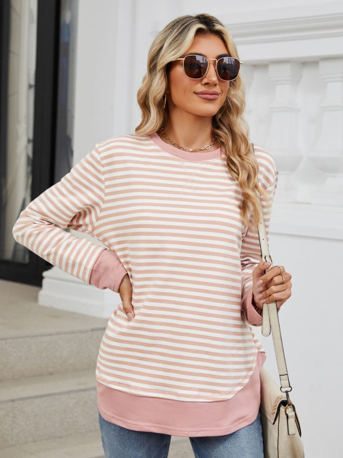 Striped Round Neck Long Sleeve Sweatshirt.