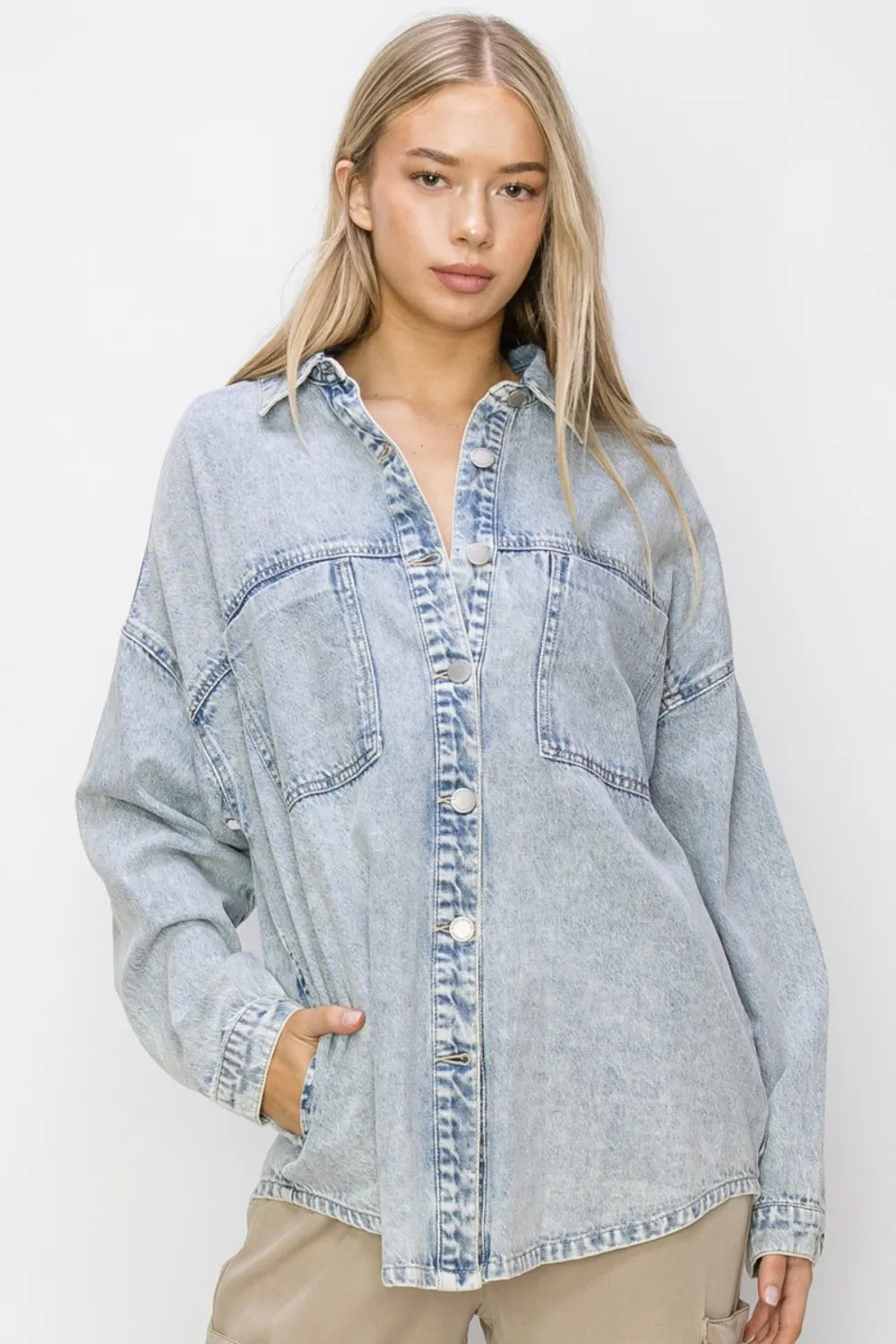 Risen Button Up Long Sleeve Shacket for Women - Love Salve 