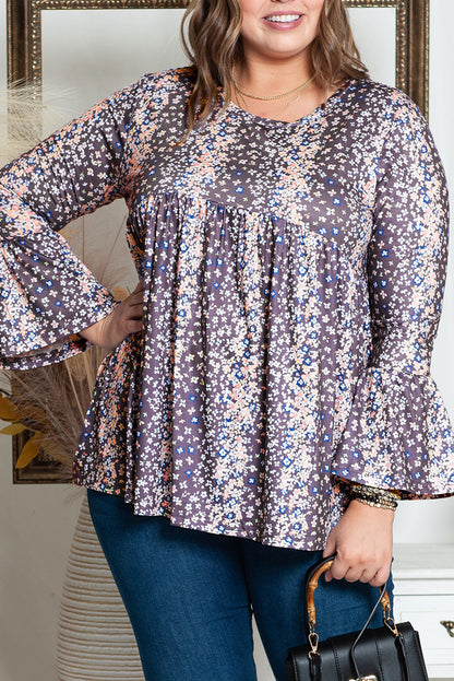 Charming purple floral plus size babydoll top with round neckline