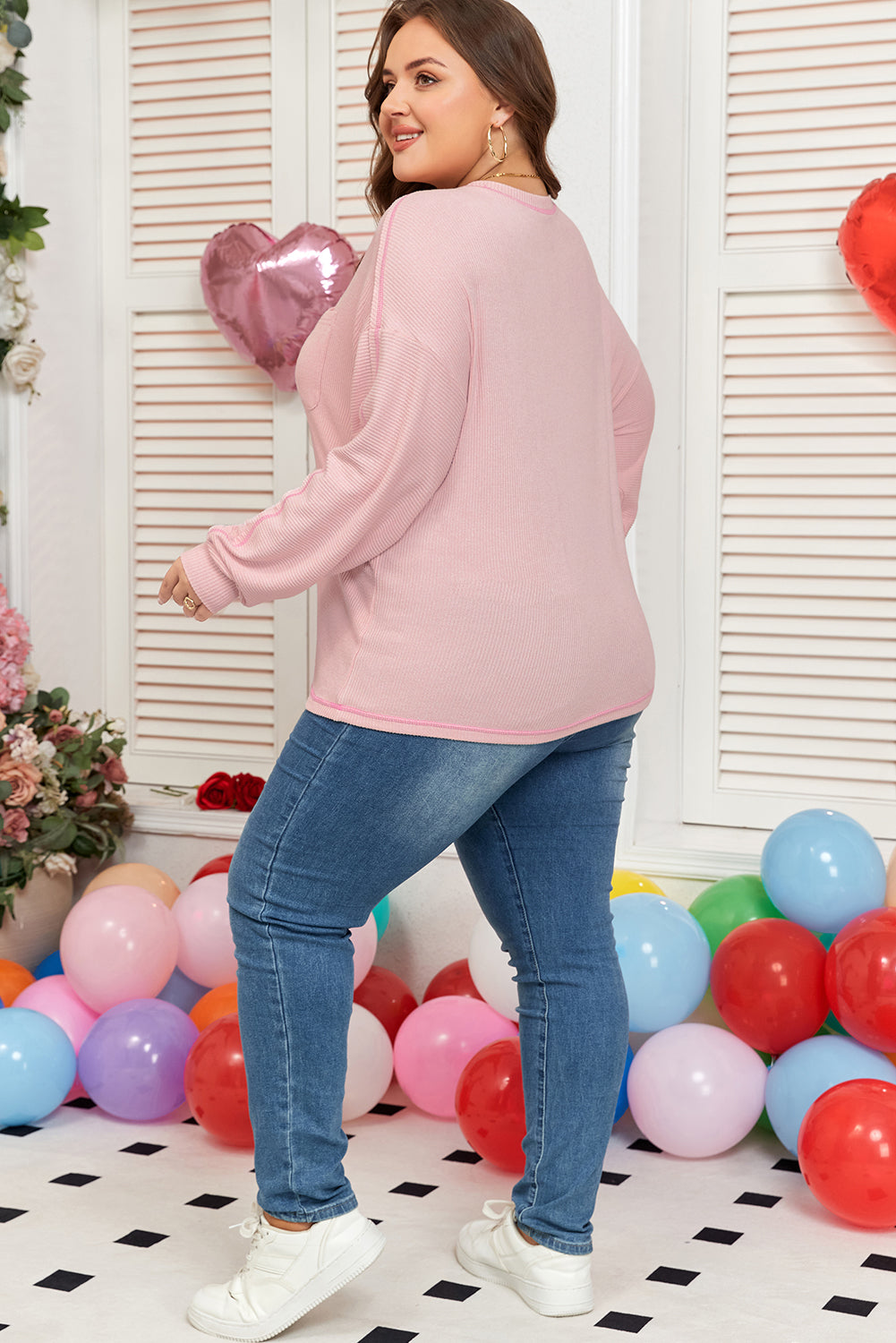 Bonbon Ribbed Knit Top With Round Neck Chest Pocket Plus Dear-Lover Dropshipping