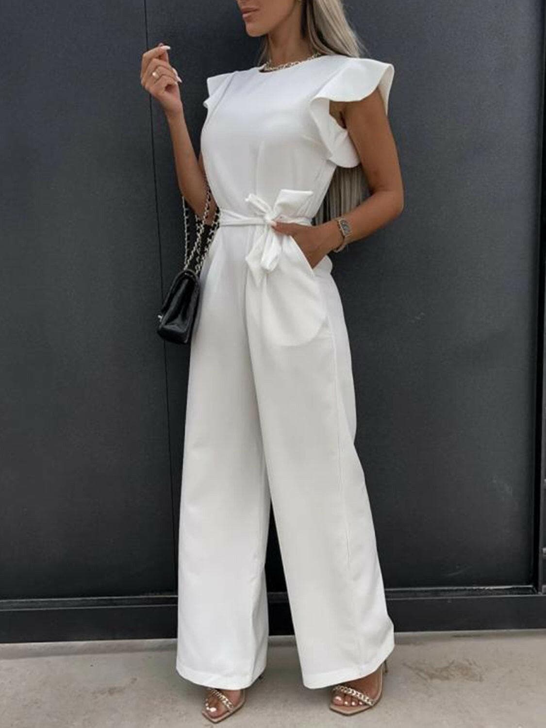 Ruffled Round Neck Cap Sleeve Jumpsuit.