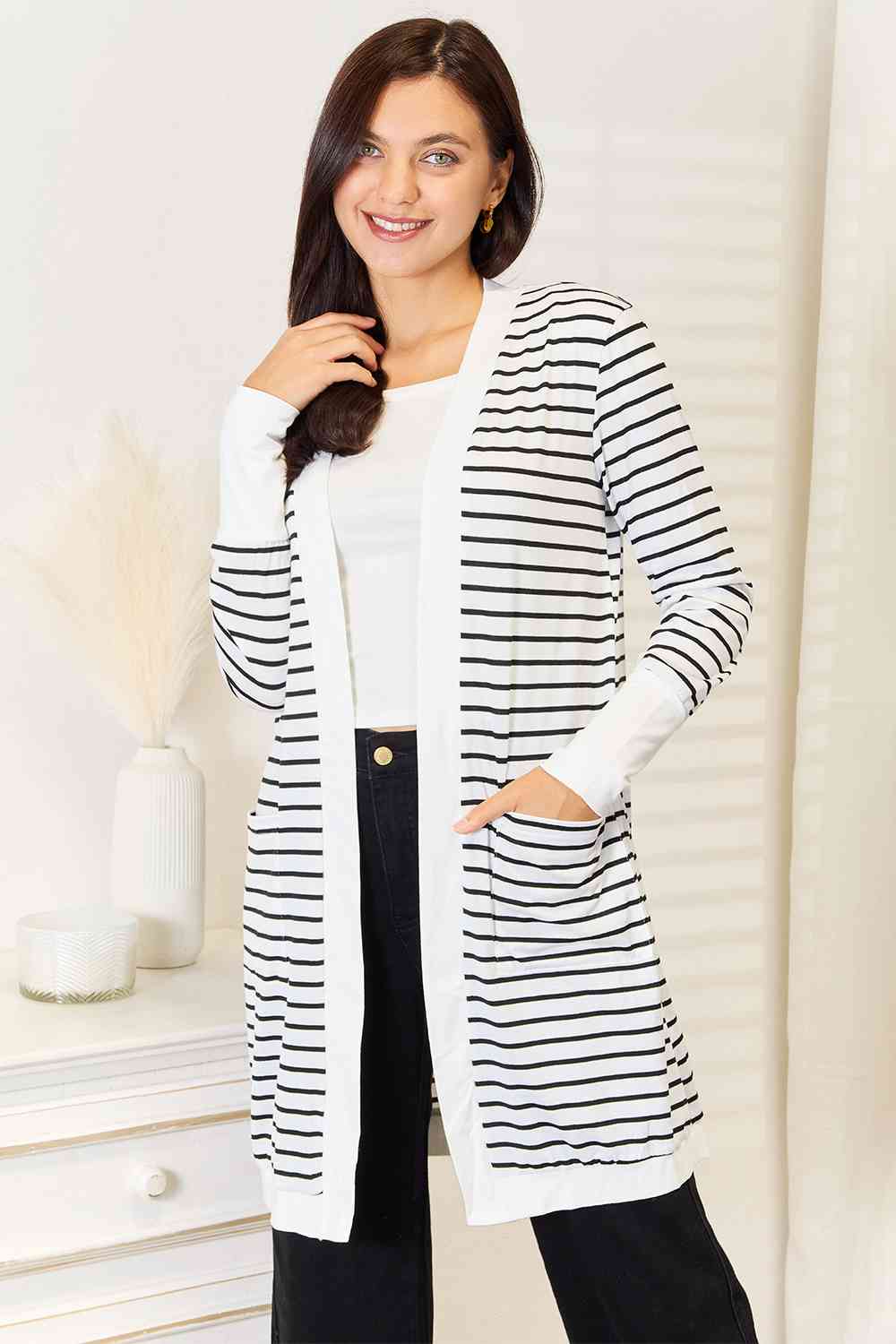 Double Take Striped Open Front Longline Cardigan - Love Salve