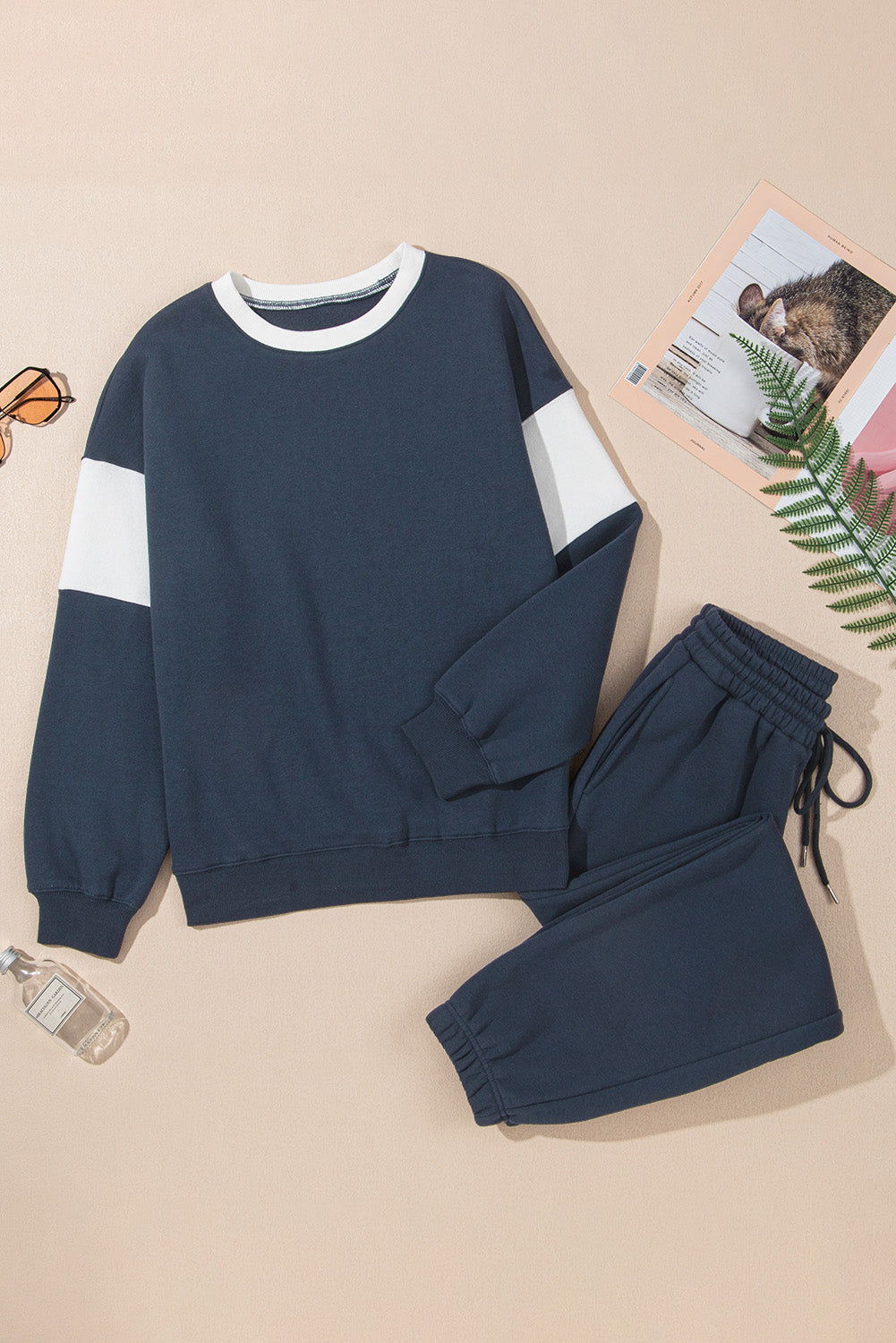 Premium Navy Blue Drop Shoulder Sweatshirt And Joggers Active Set
