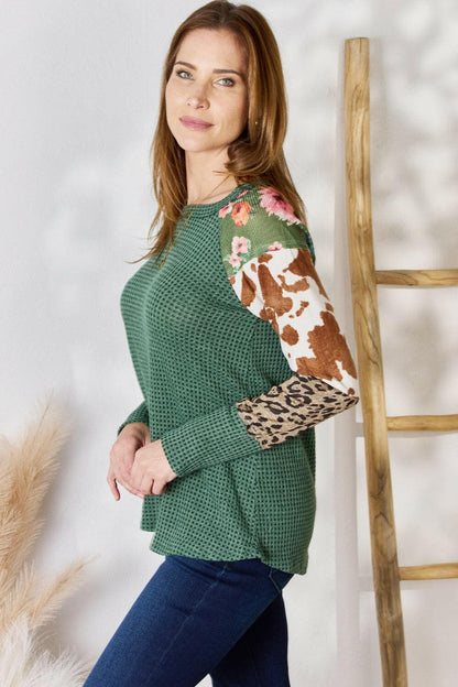 Hailey & Co Full Size Waffle-Knit Leopard Blouse.