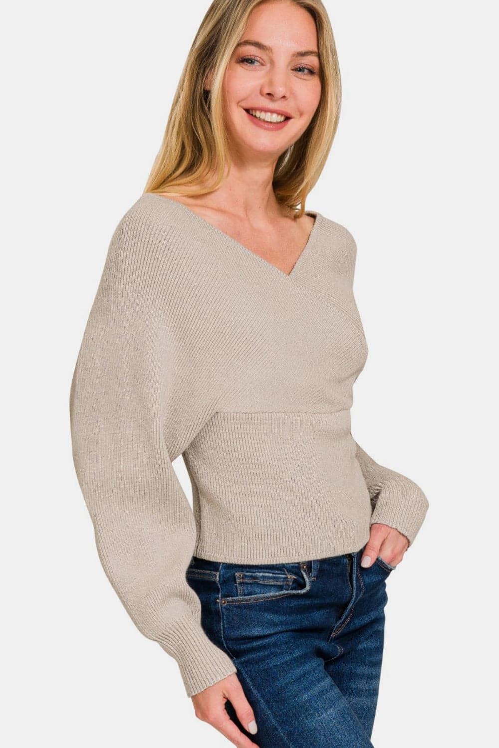 Zenana ribbed cross wrap sweater