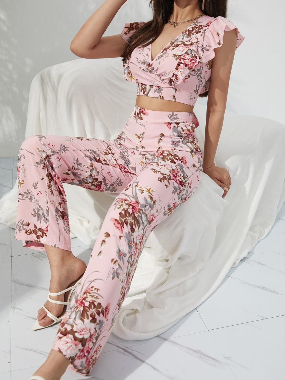 Printed Surplice Cap Sleeve Top and Pants Set.