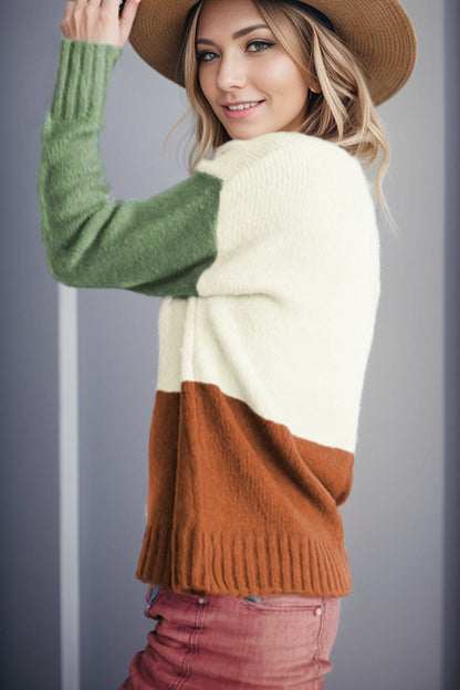 Color Block Round Neck Long Sleeve Sweater.