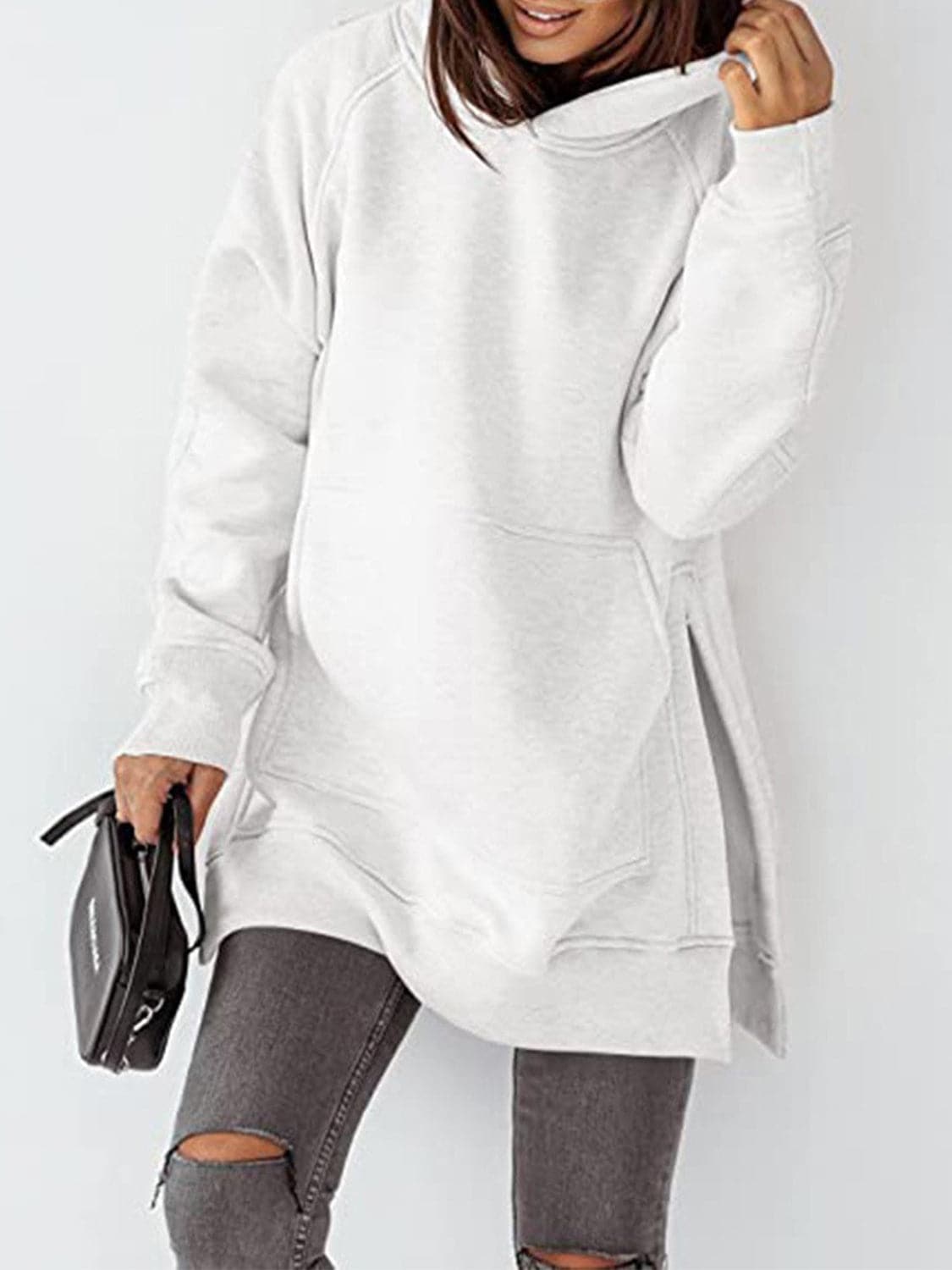 Slit Pocketed Raglan Sleeve Hoodie.