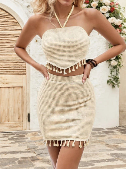 Tassel Trim Waffle-Knit Halter Set – Sandstone Chic