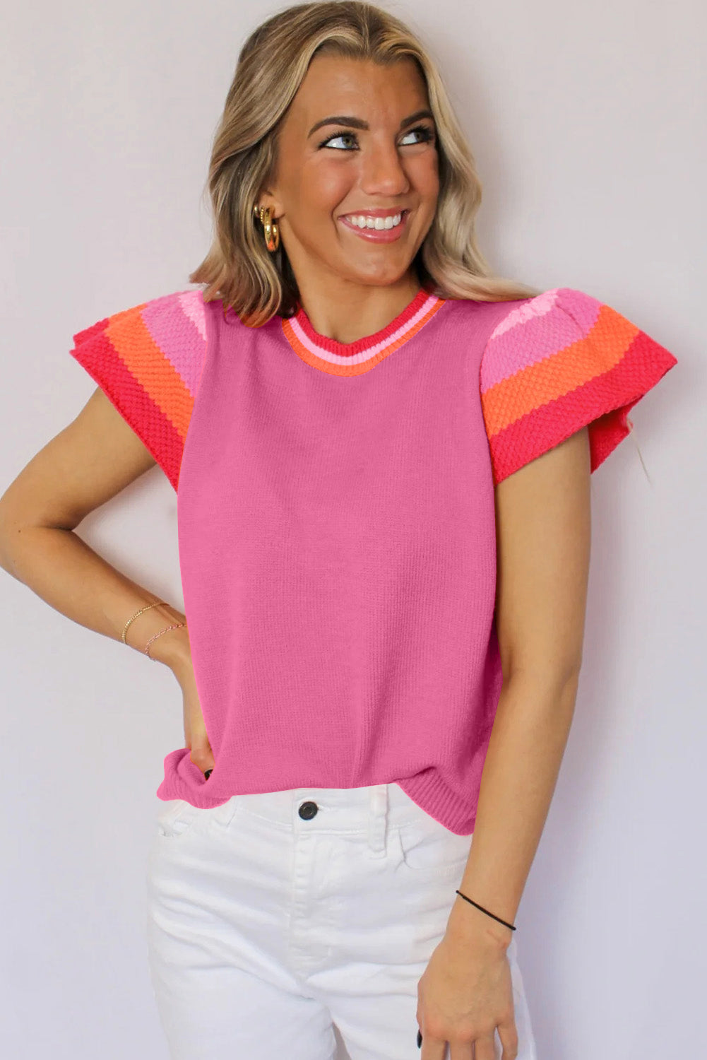 Bright pink flutter sleeve tee