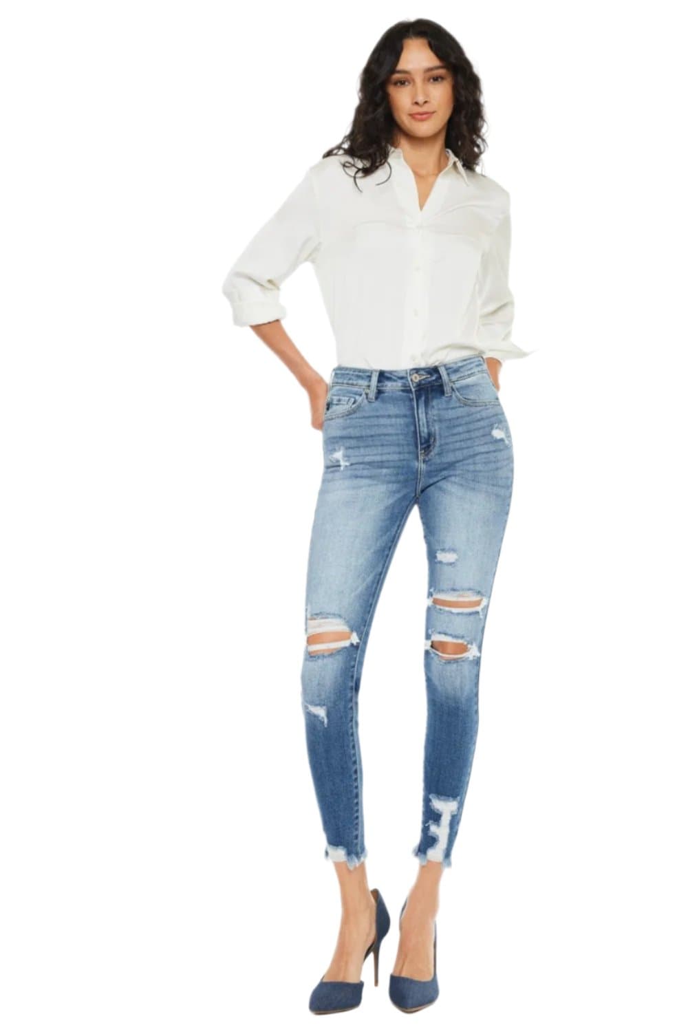 Kancan – Knöchelhohe Skinny-Jeans mit Fransen