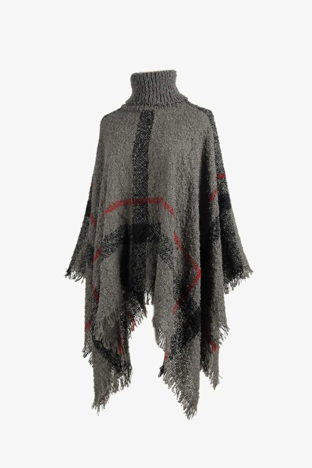 Plaid Turtleneck Raw Hem Poncho.