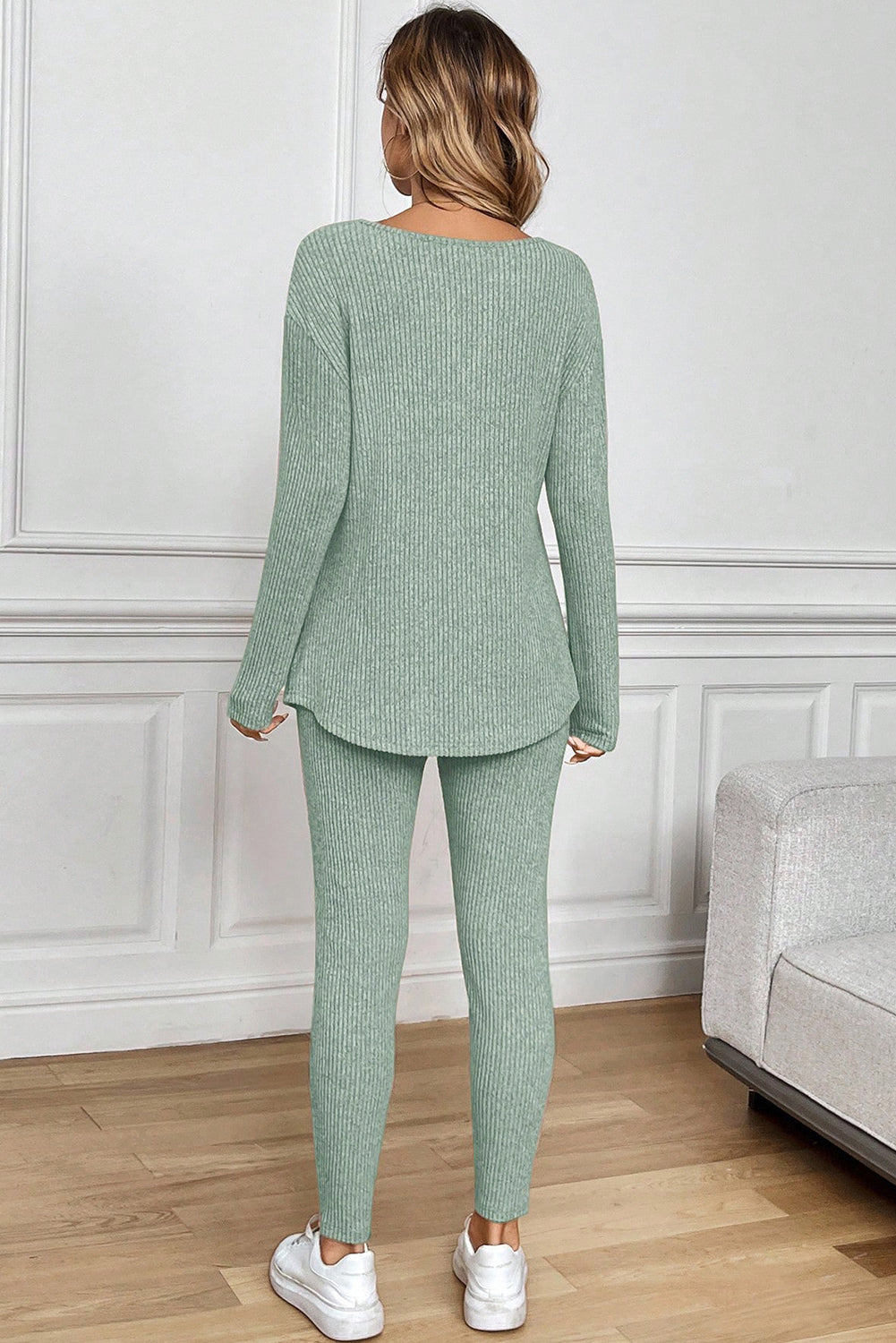 Grass Green Ribbed Notched Neck Knit Long Sleeve Leggings Two Pieces Lounge Set Dear-Lover Dropshipping