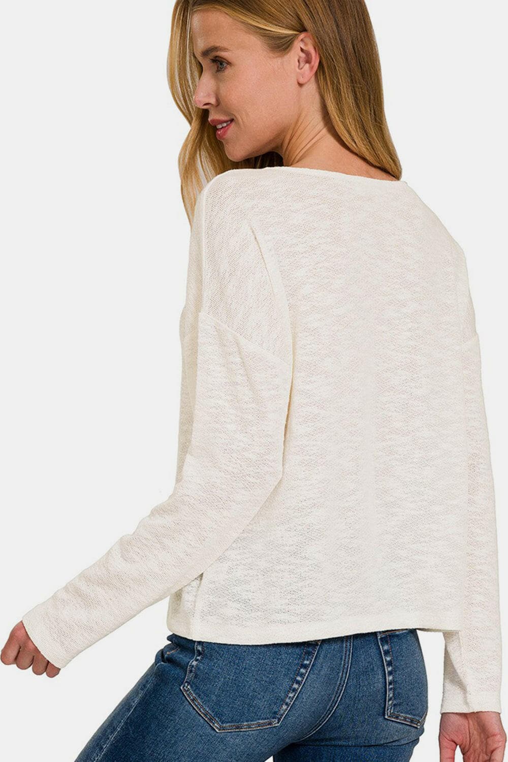 Zenana V-Neck Dropped Shoulder Long Sleeve T-Shirt.