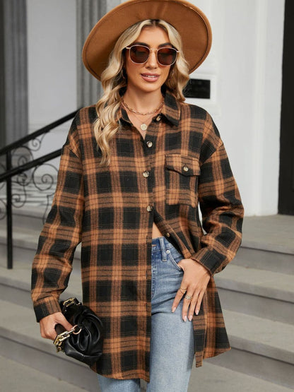 Plaid Collared Neck Long Sleeve Shirt.