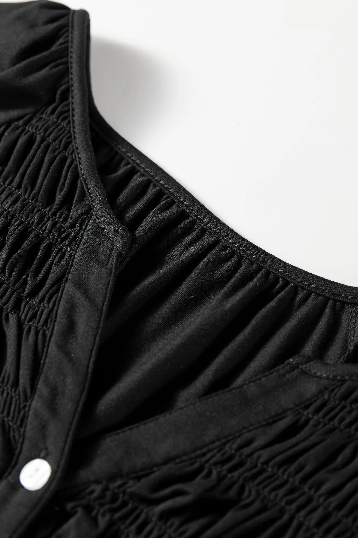 Black Smocked Bust Buttoned Split V Neck Flow Fit Blouse Dear-Lover Dropshipping