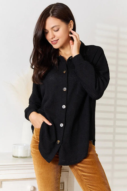 Double Take Waffle-Knit Collared Neck Dropped Shoulder Shirt - Love Salve