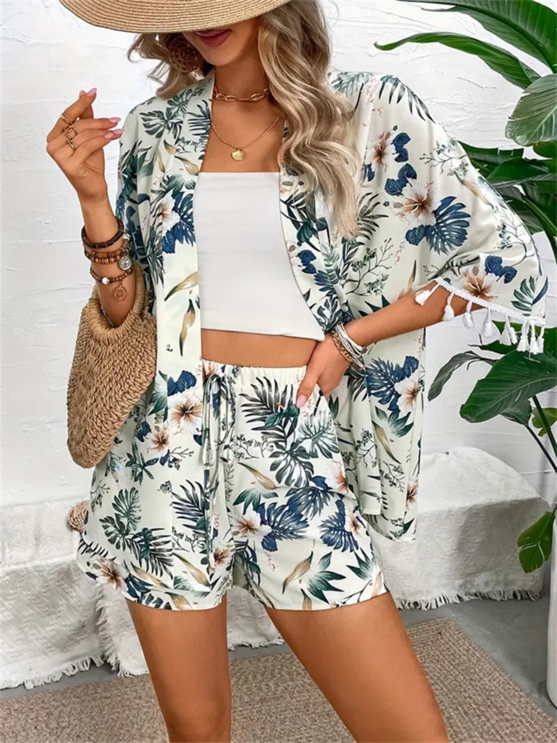 Tassel-Trimmed Printed Top and Shorts Ensemble