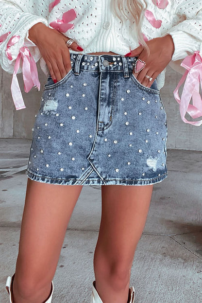 Dusk Blue Distressed Denim Mini Skirt with Rhinestone Accents