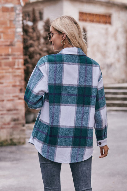 Plaid Long Sleeve Shirt Jacket with Pockets.