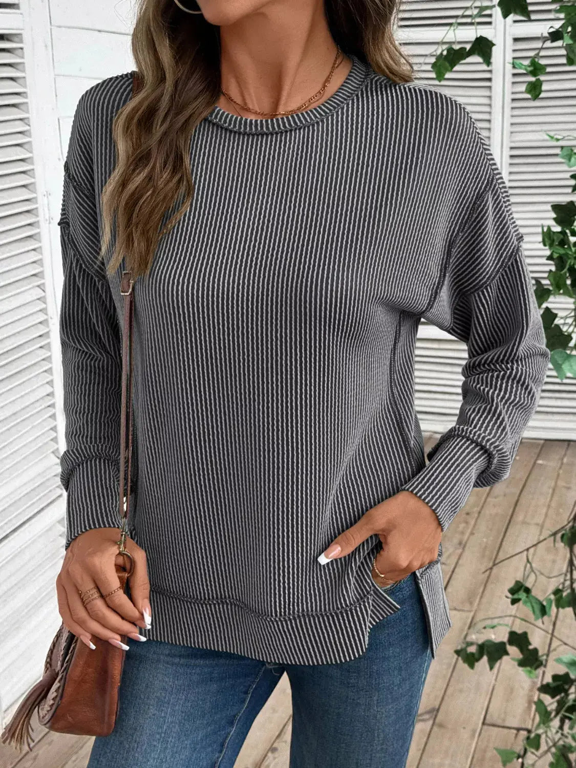 Side Slit Round Neck Sweatshirt Simply Love