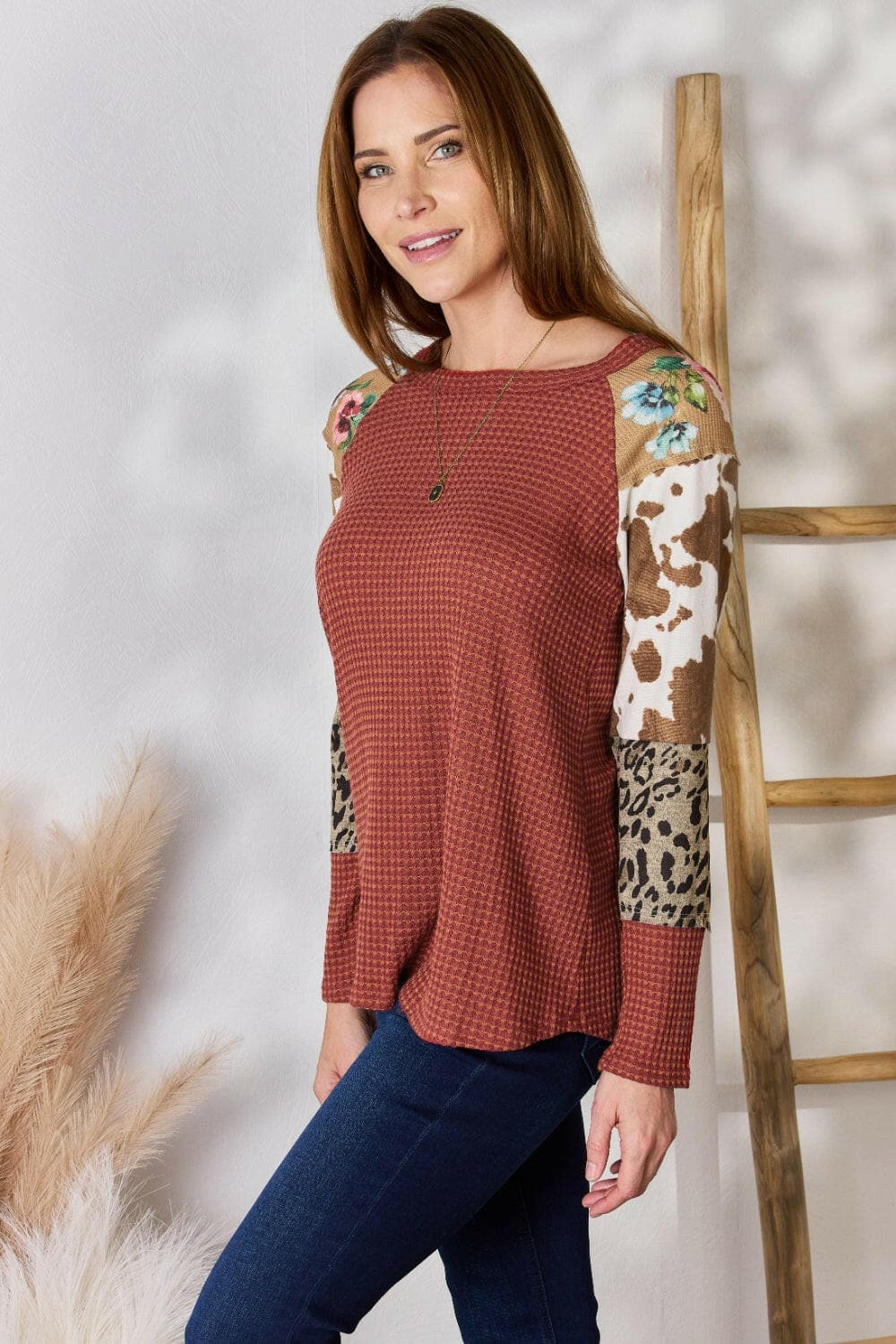 Hailey & Co Full Size Leopard Waffle-Knit Blouse.