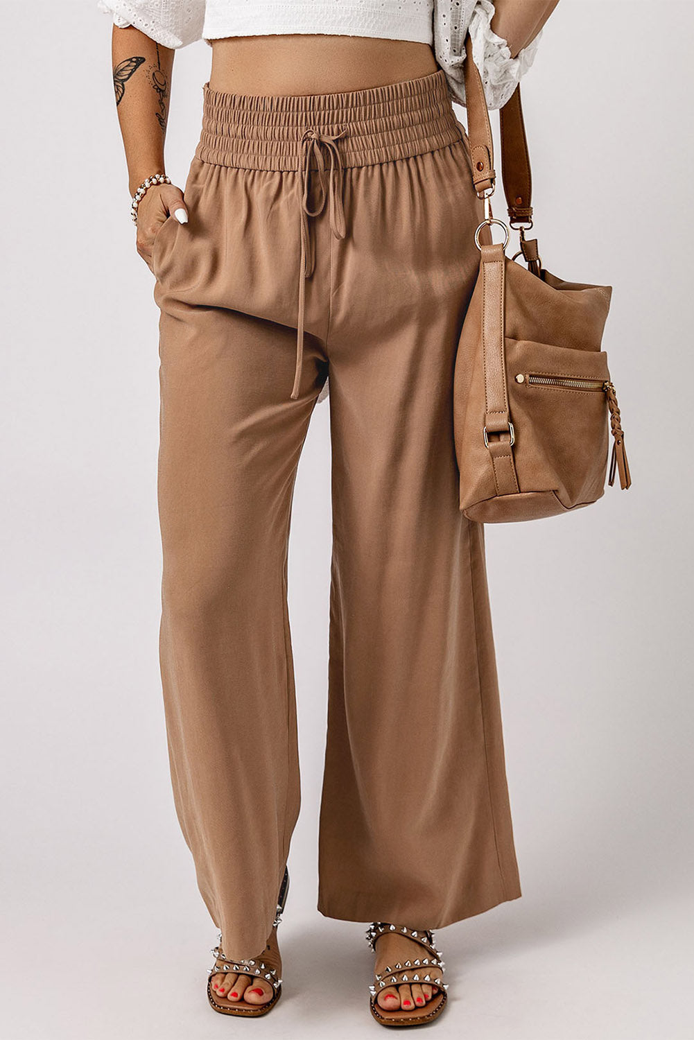 Chic brown wide leg pants with drawstring waist and side pockets